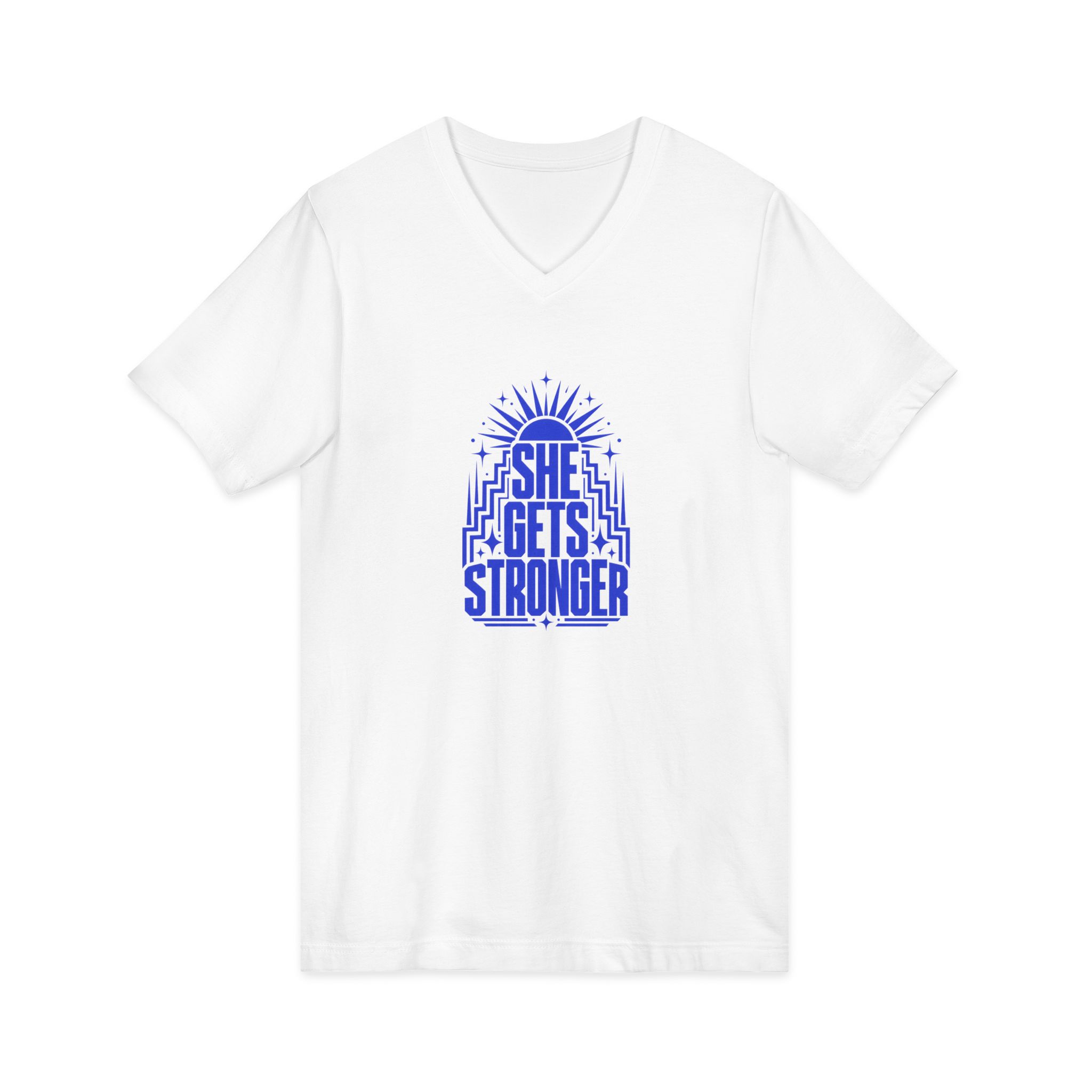 She Gets Stronger Inspirational V-Neck Tee - Image 2