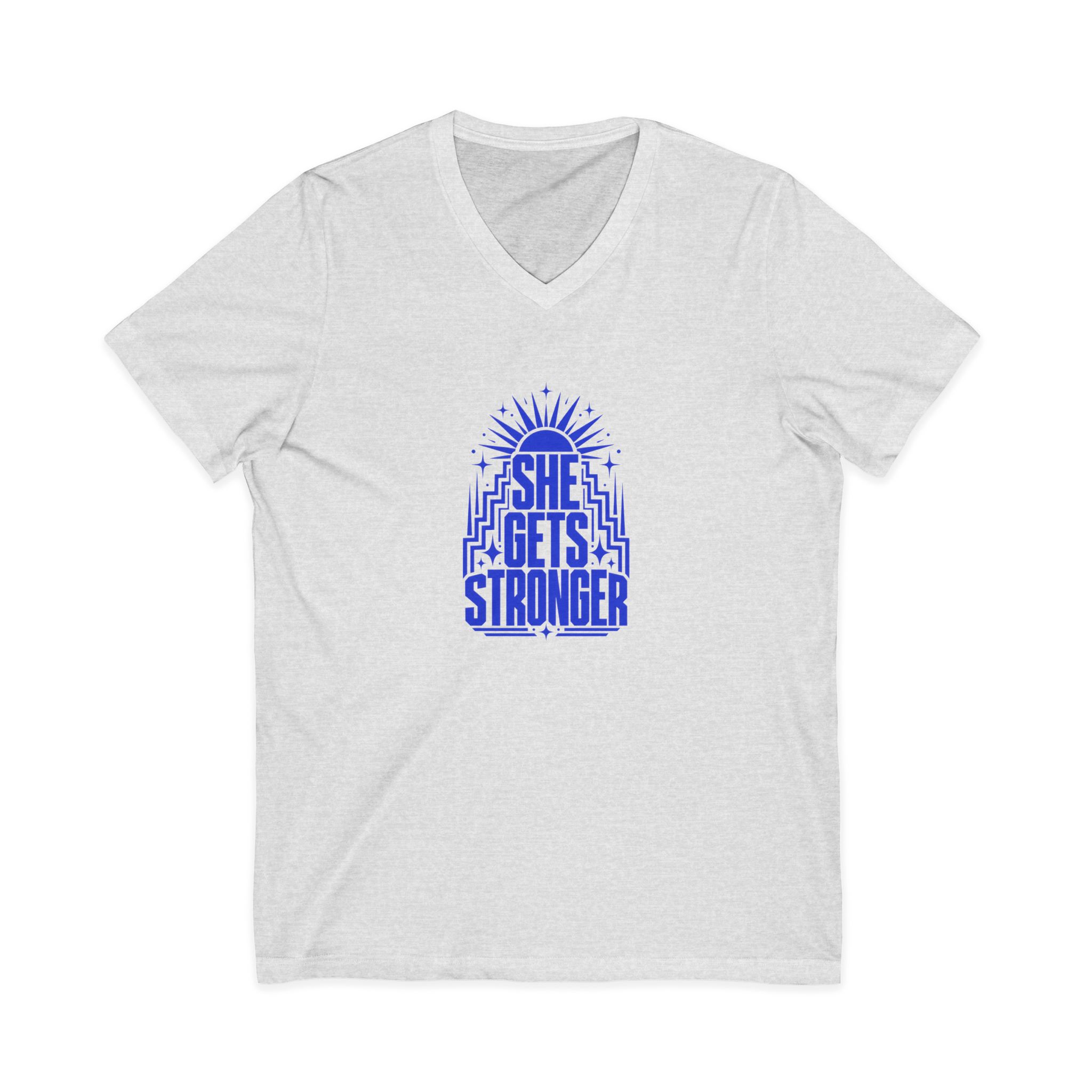 She Gets Stronger Inspirational V-Neck Tee